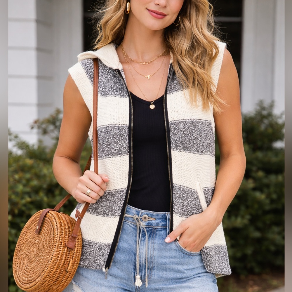 Free People Regatta Striped Hooded Zip Front Sweater Sleeveless Medium - Picture 9 of 12